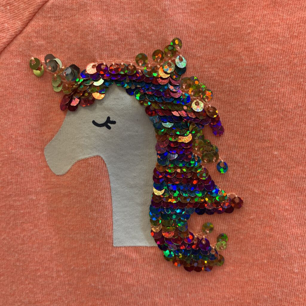 Shirt: Sequin Unicorn Dropped Hem Short Sleeve