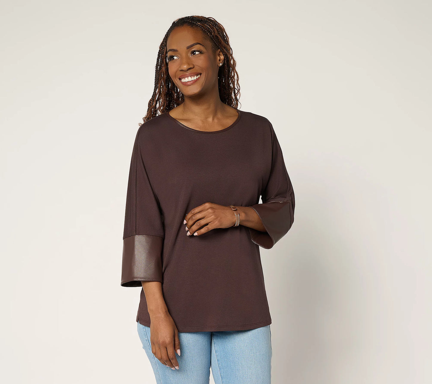 TripleLuxe Knit Top with Faux Leather Cuffs