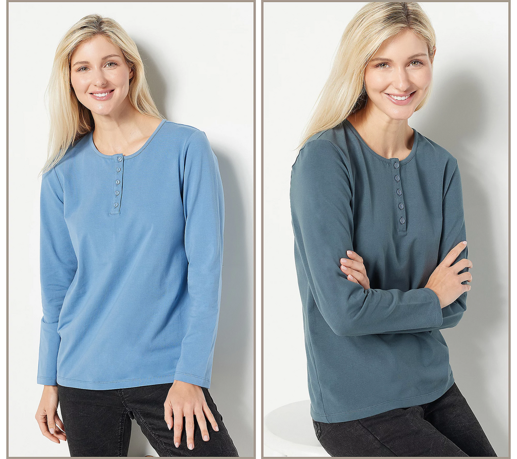 Long Sleeve Shirt: Crew neckline, five-button placket