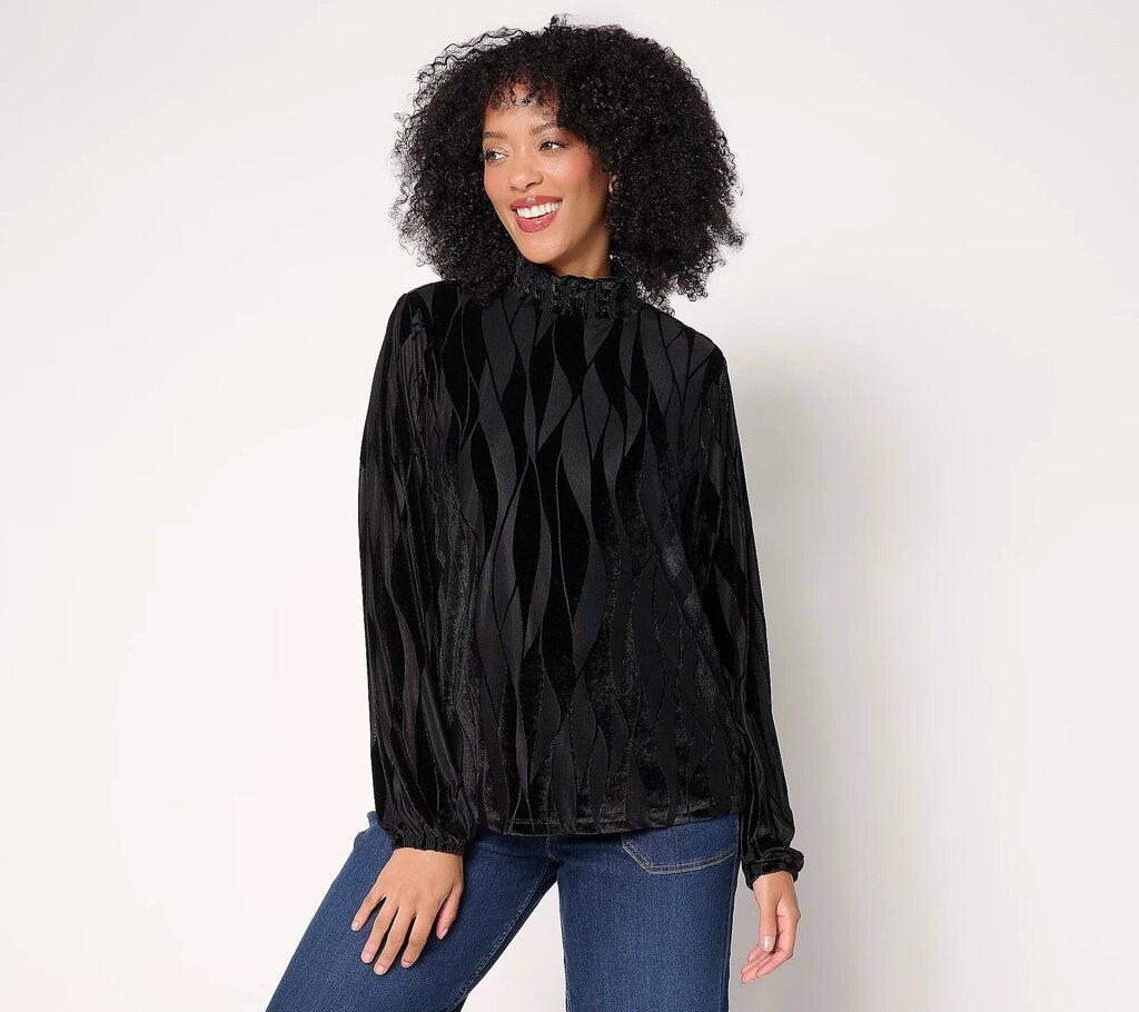 Long Sleeve Shirt: Velvet Smocked Neck NWOT