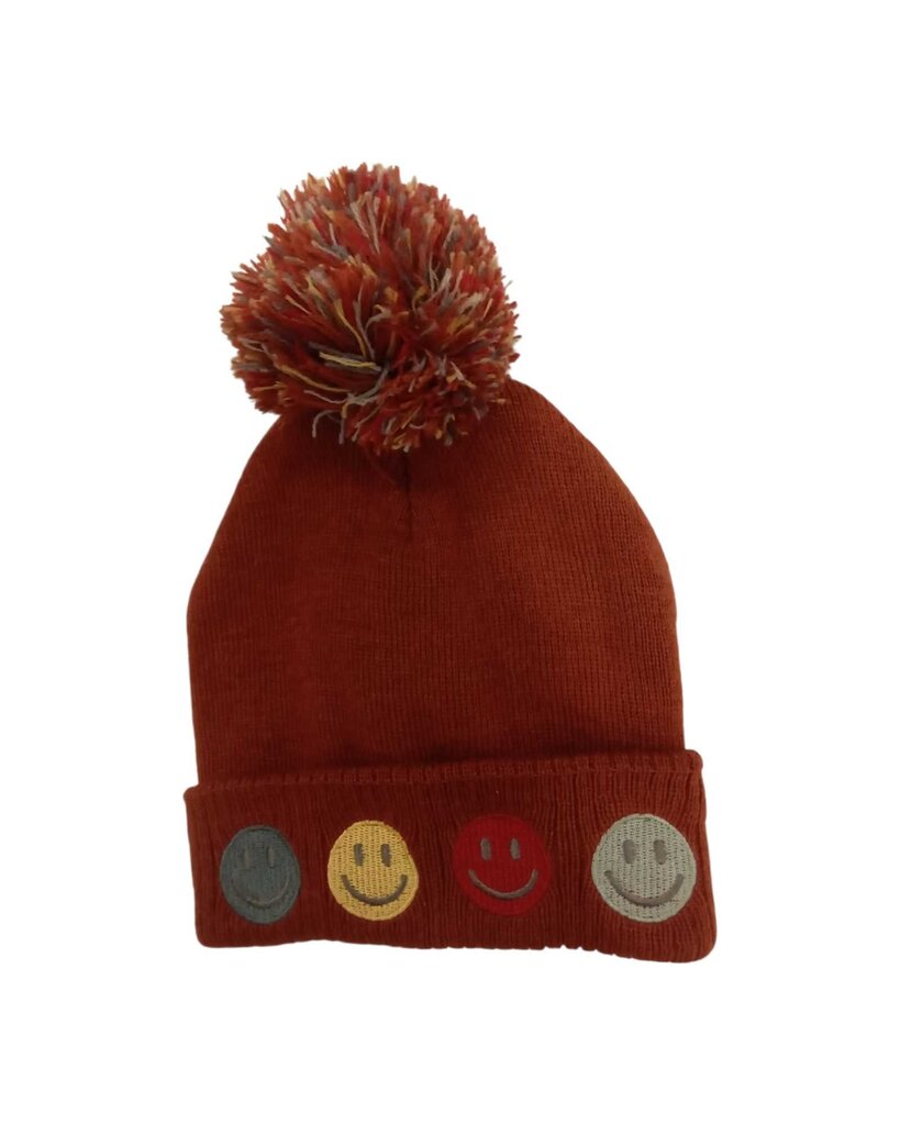 Knit hat with poof and smiling faces