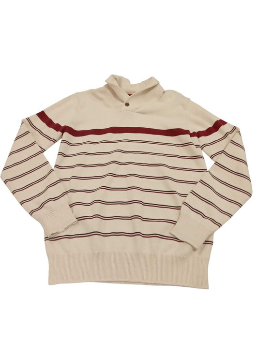 button closure cowl neck striped sweater