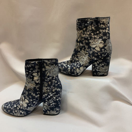 Boots Ankle Heel Floral Brocade Silver