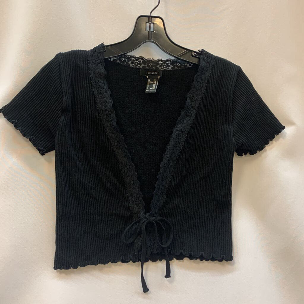 Shirt: Cropped Tie Front Ribbed Lace