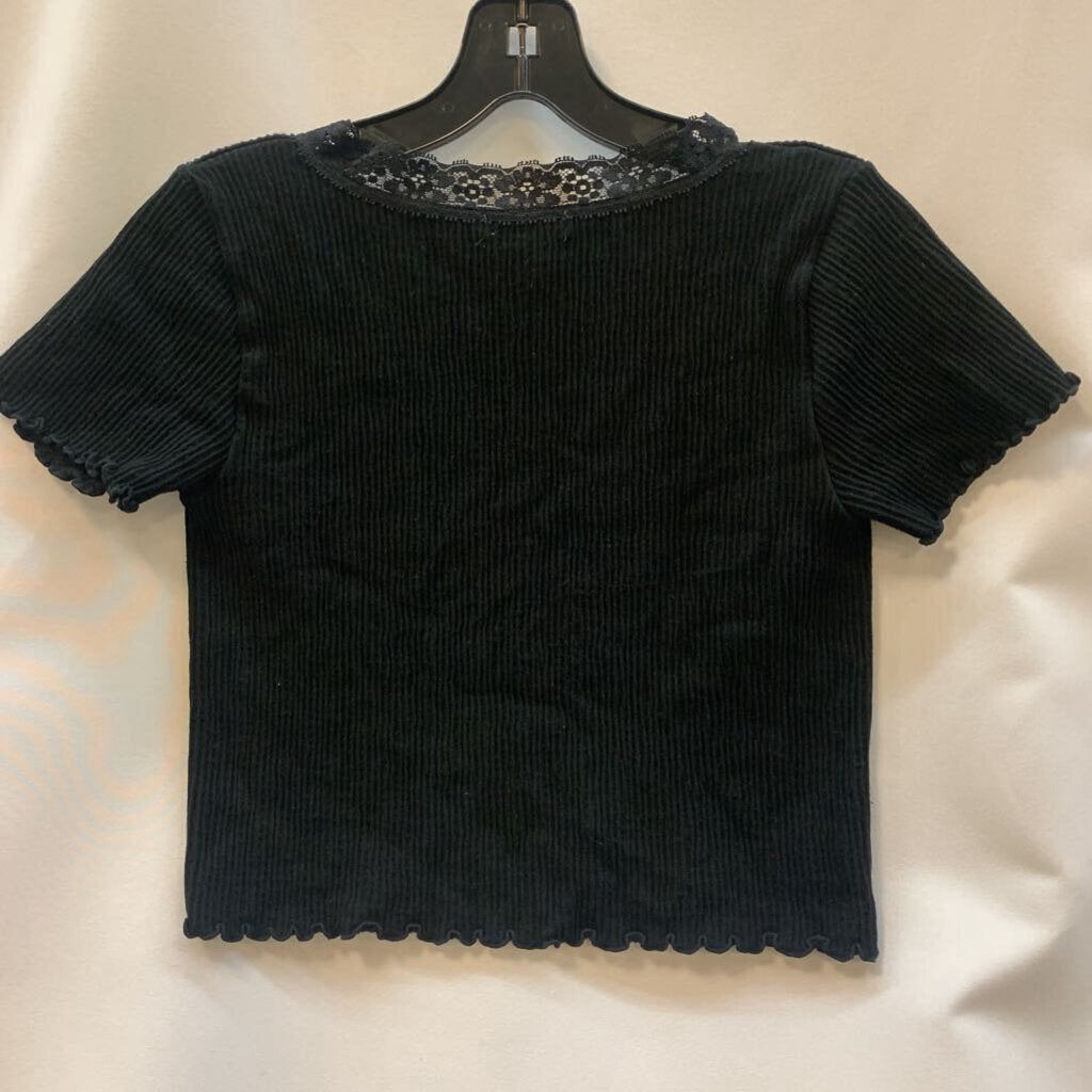 Shirt: Cropped Tie Front Ribbed Lace