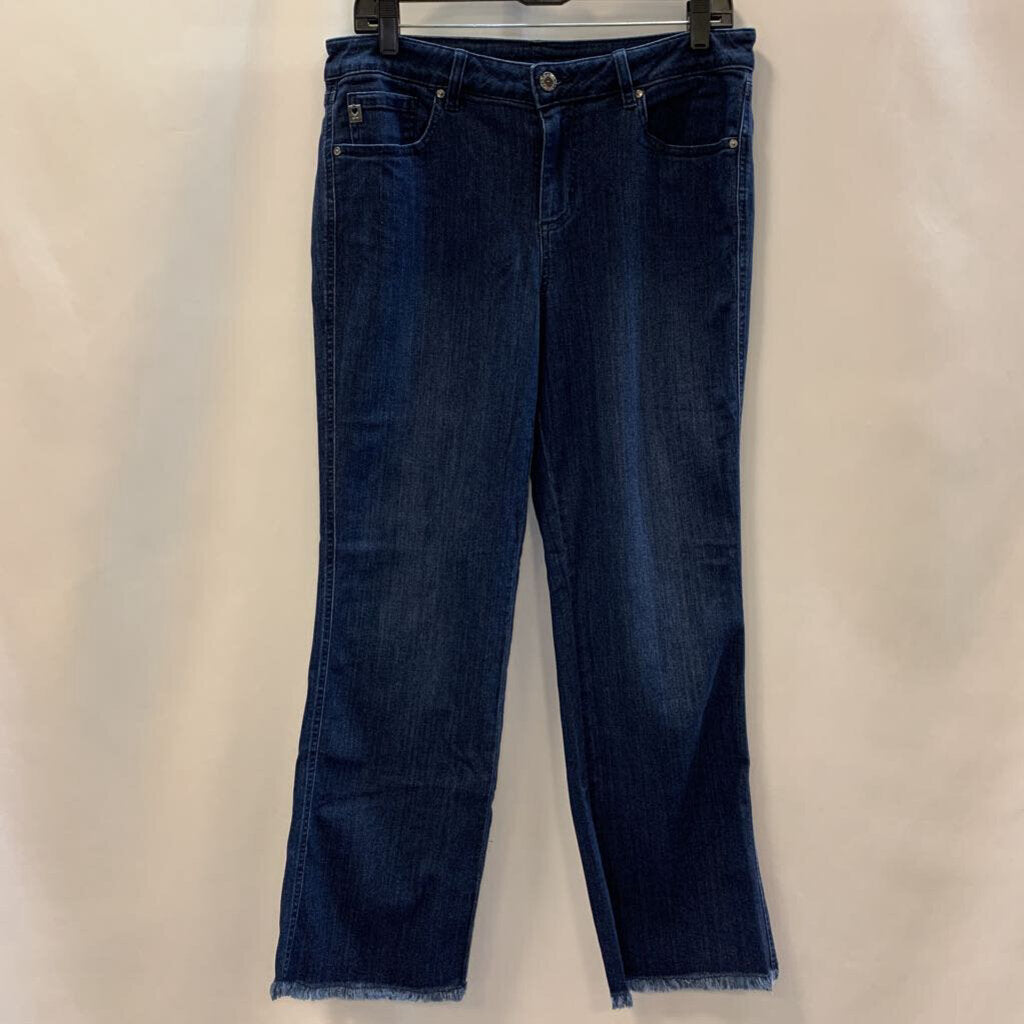 Pants: Frayed Leg Dark Wash Jeans