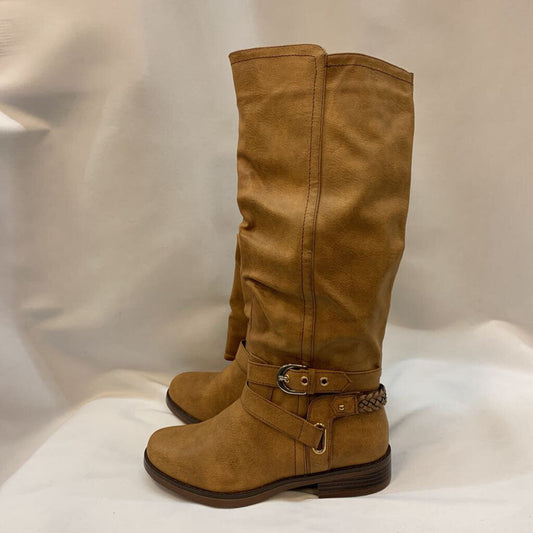 Boots: Faux Aged Leather Buckle Zip