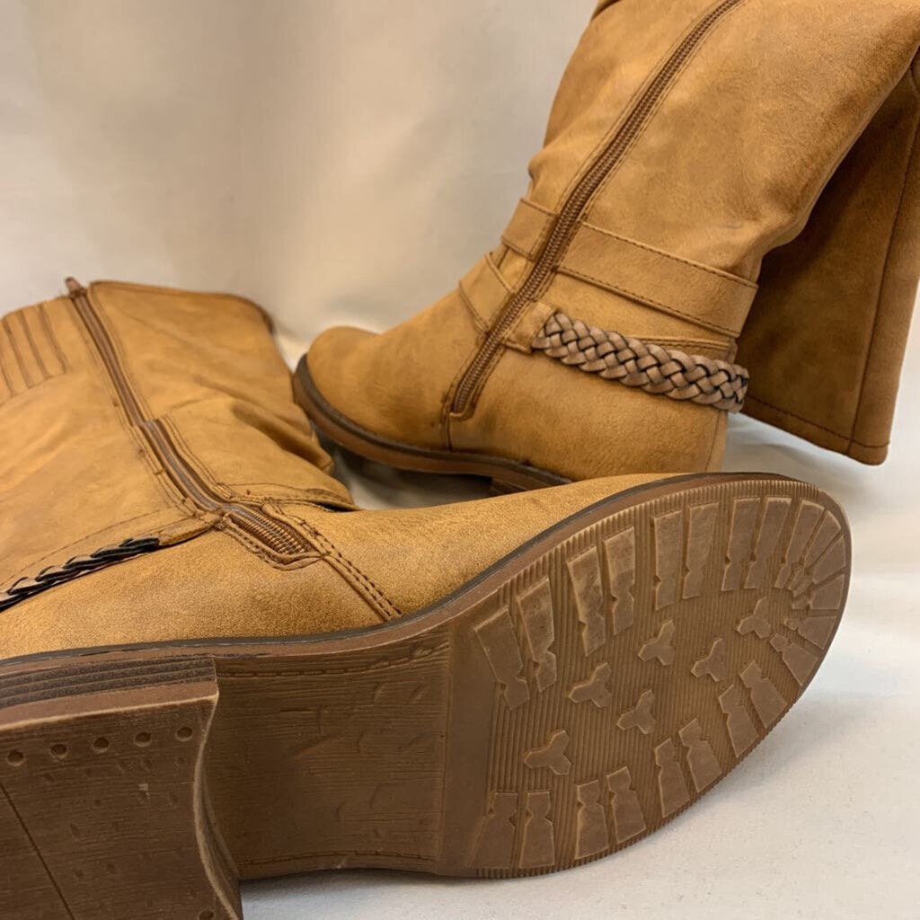 Boots: Faux Aged Leather Buckle Zip