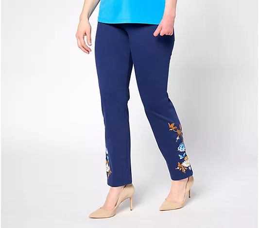 Tummy Control Regular Denim Pants with Embroidery