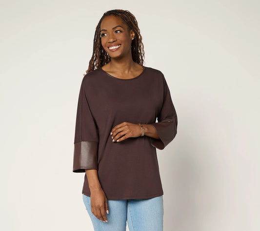 TripleLuxe Knit Top with Faux Leather Cuffs